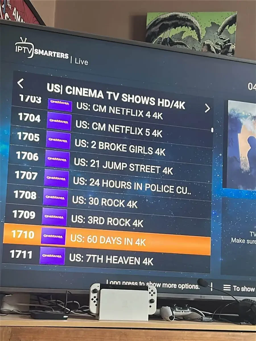 Living room setup with iptv.onl service on screen
