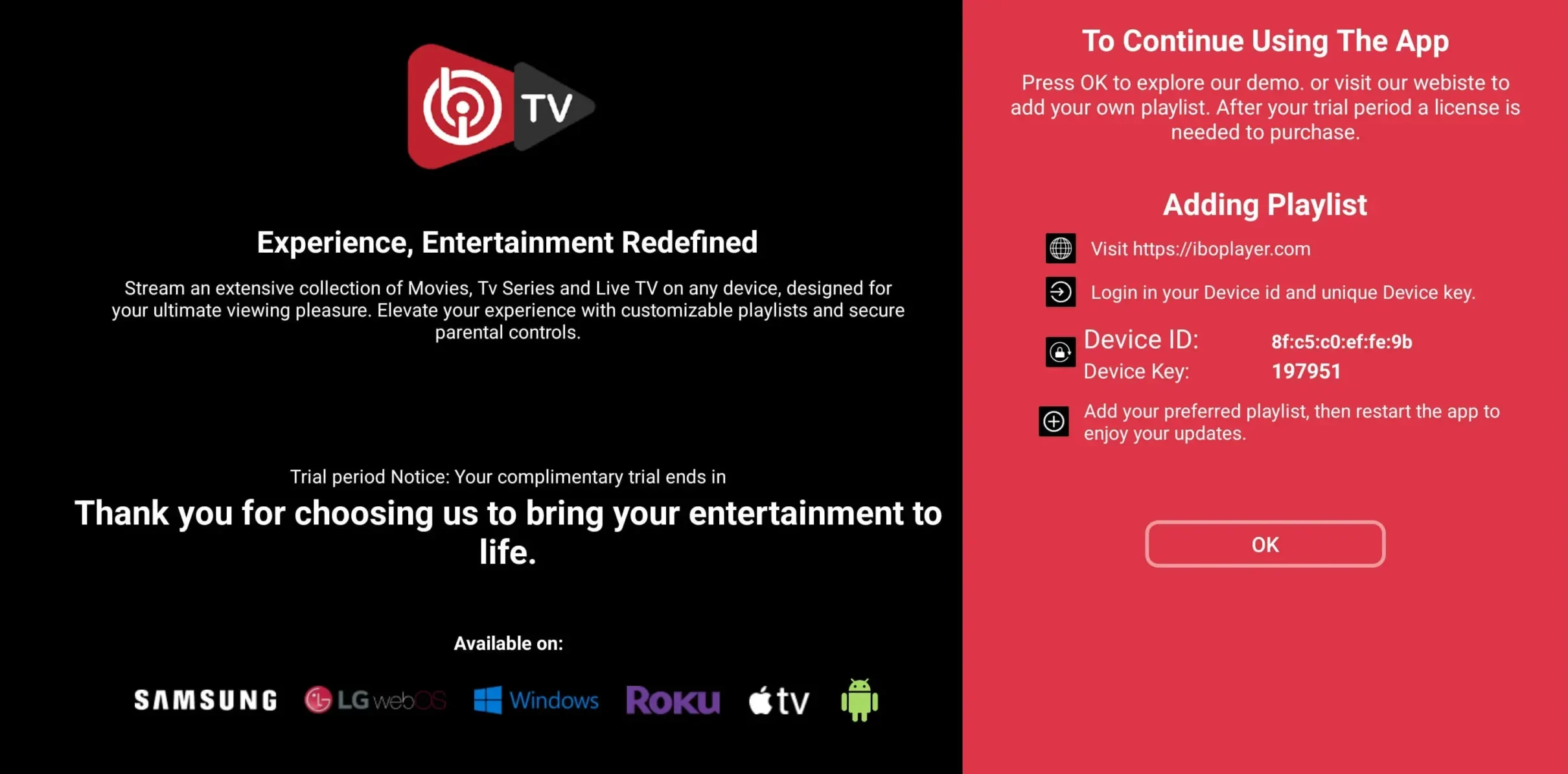 IboPlayer channel open on Roku, showing Device ID and Device Key
