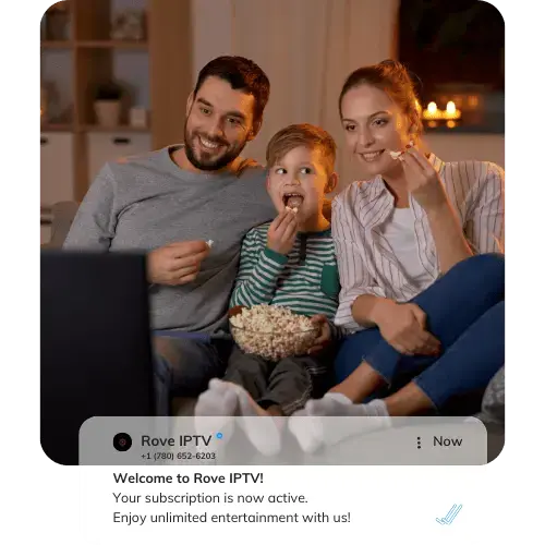 iptv.onl welcome message showing an active subscription, with a family enjoying live TV together